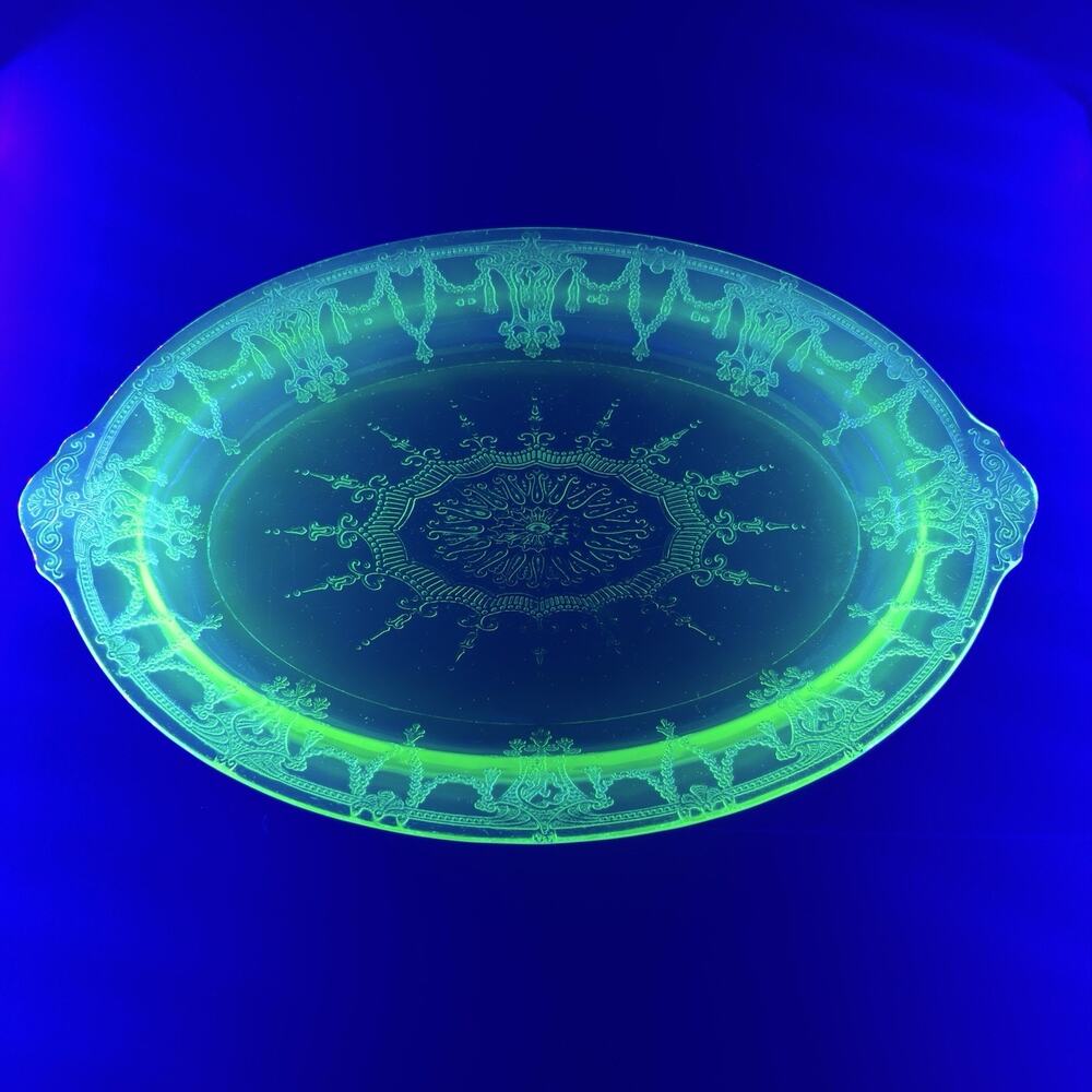 Anchor Hocking Ballerina Cameo Depression Glass Oval Plater Uranium Glass 12"
